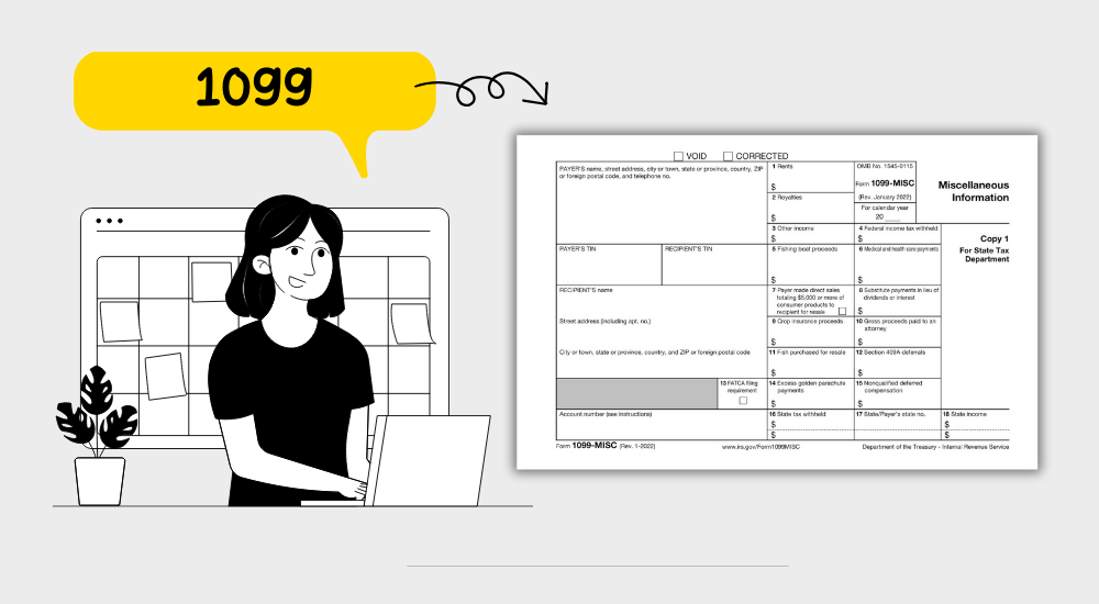An example of the 1099 blank form and the image of the woman with a laptop